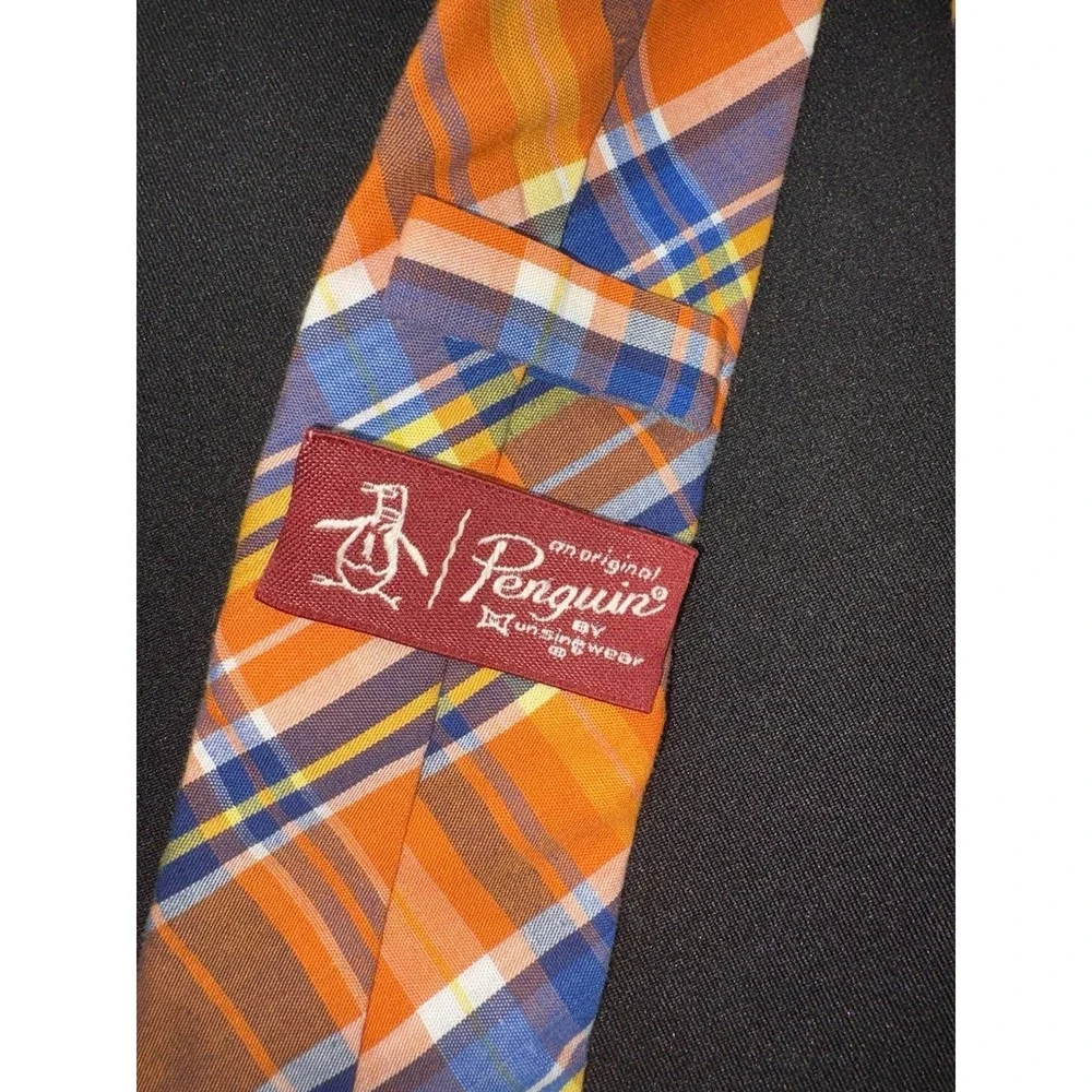 Original Penguin Blue/Orange Plaid Tie Necktie Cotton 58